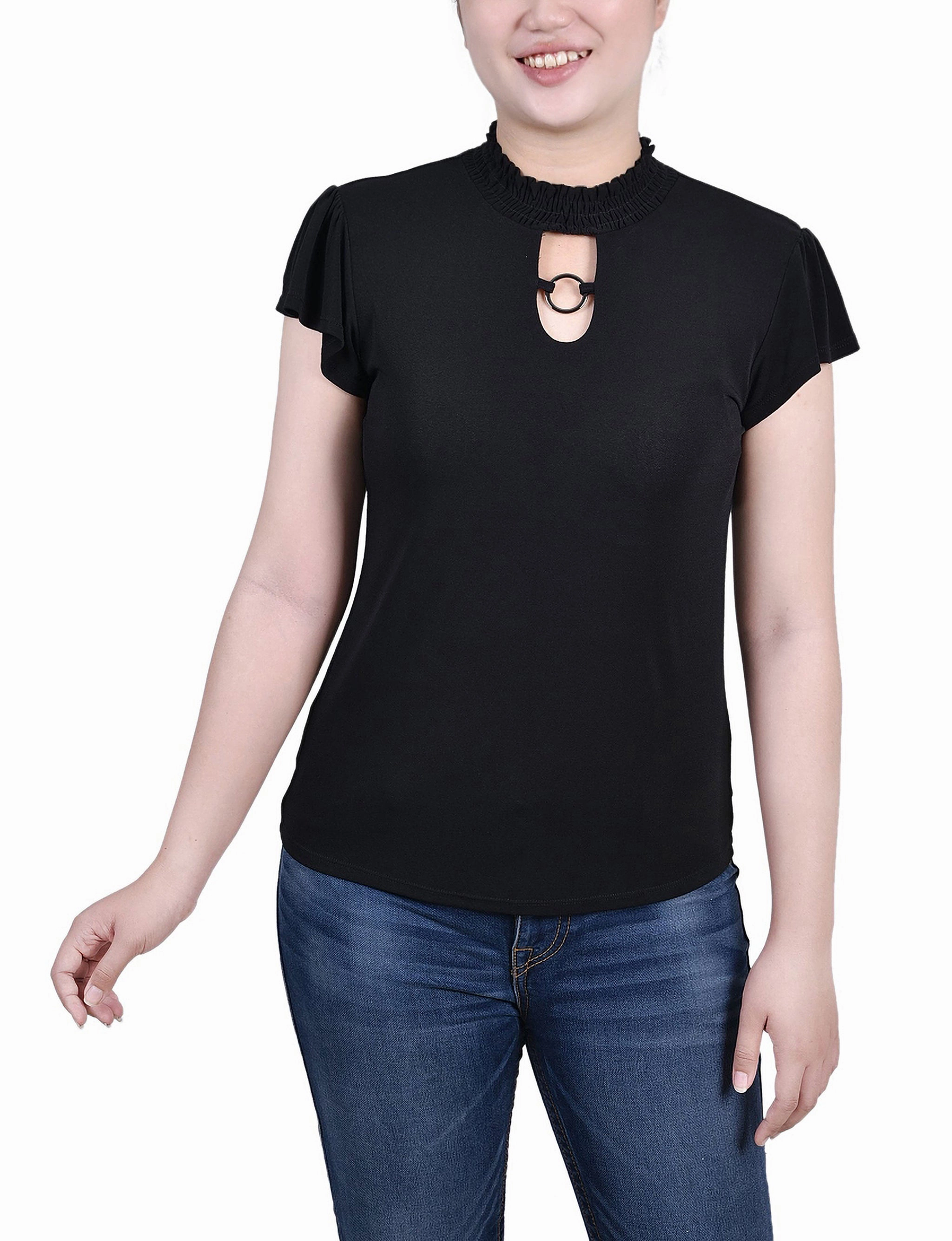 Petite Short Flutter Sleeve Mock Neck Top Travel Wear