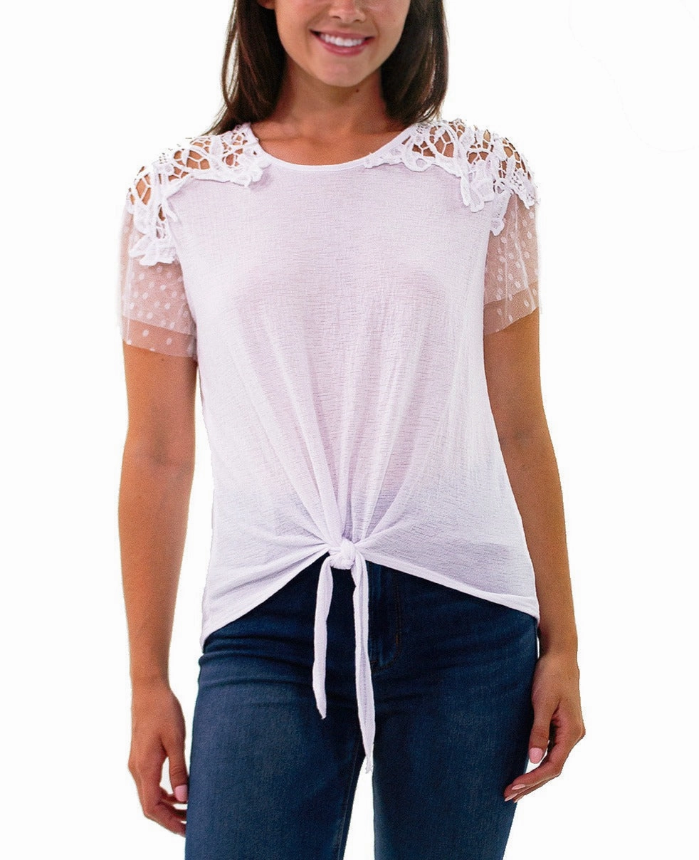 Petite Short Point De Sprit Sleeve Top With Crochet Detail And Knotted Hem gentle touch Relaxed Layer