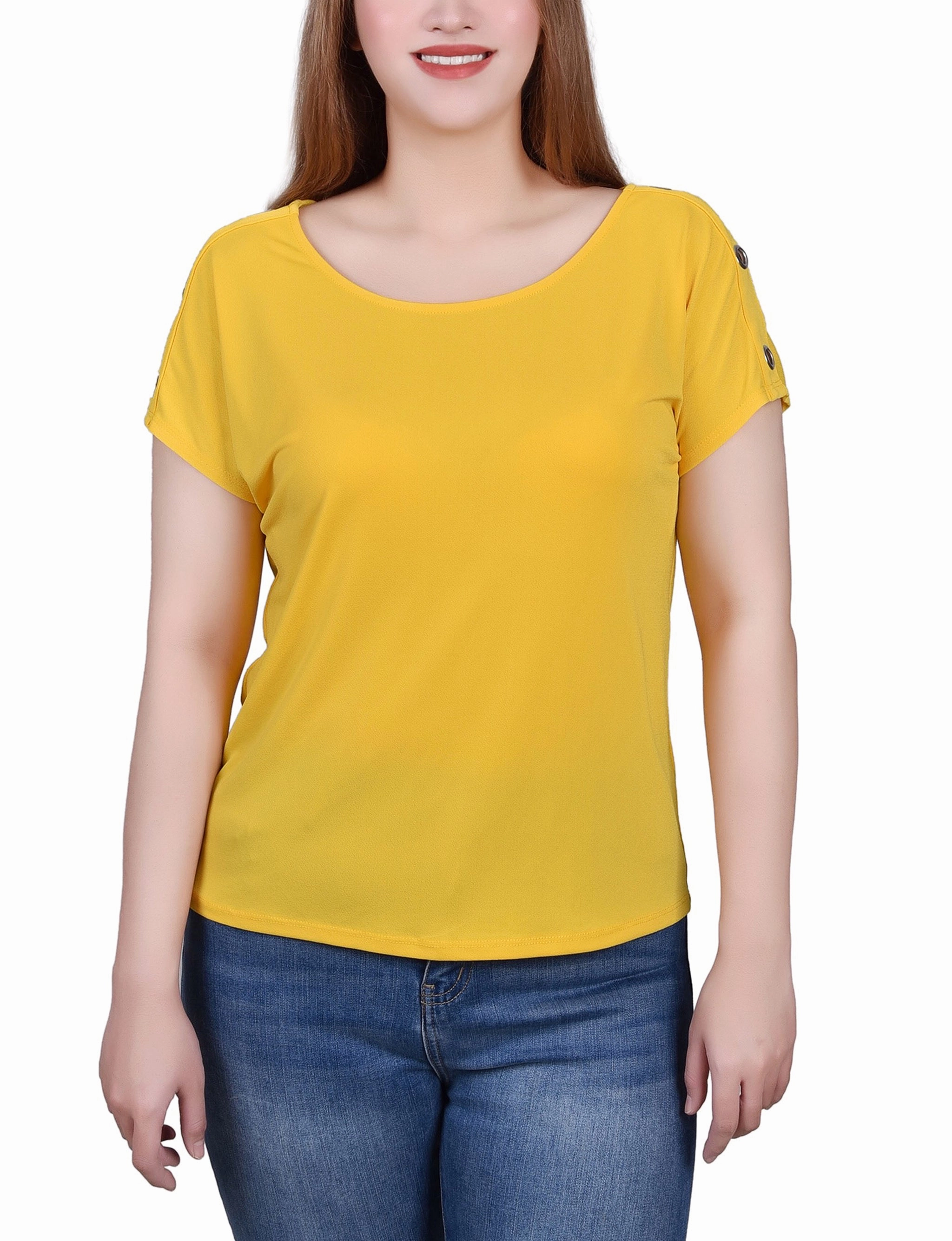 Petite Short Sleeve Extended Sleeve Tunic Top GarmentDyed Effect