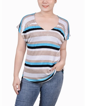 Transitional Style Petite Short Sleeve Striped V Neck Top