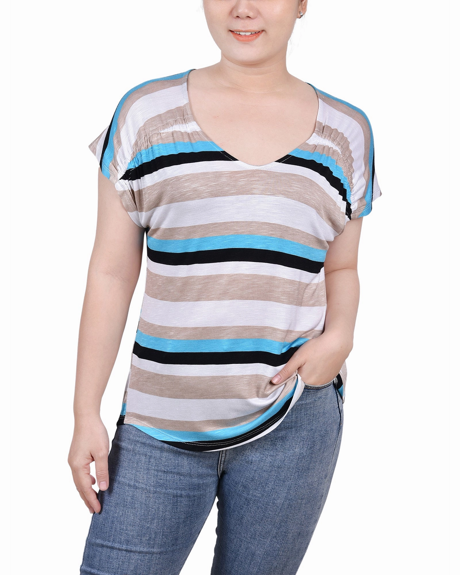 skin friendly Gentle Stretch Waistband Petite Short Sleeve Striped V Neck Top