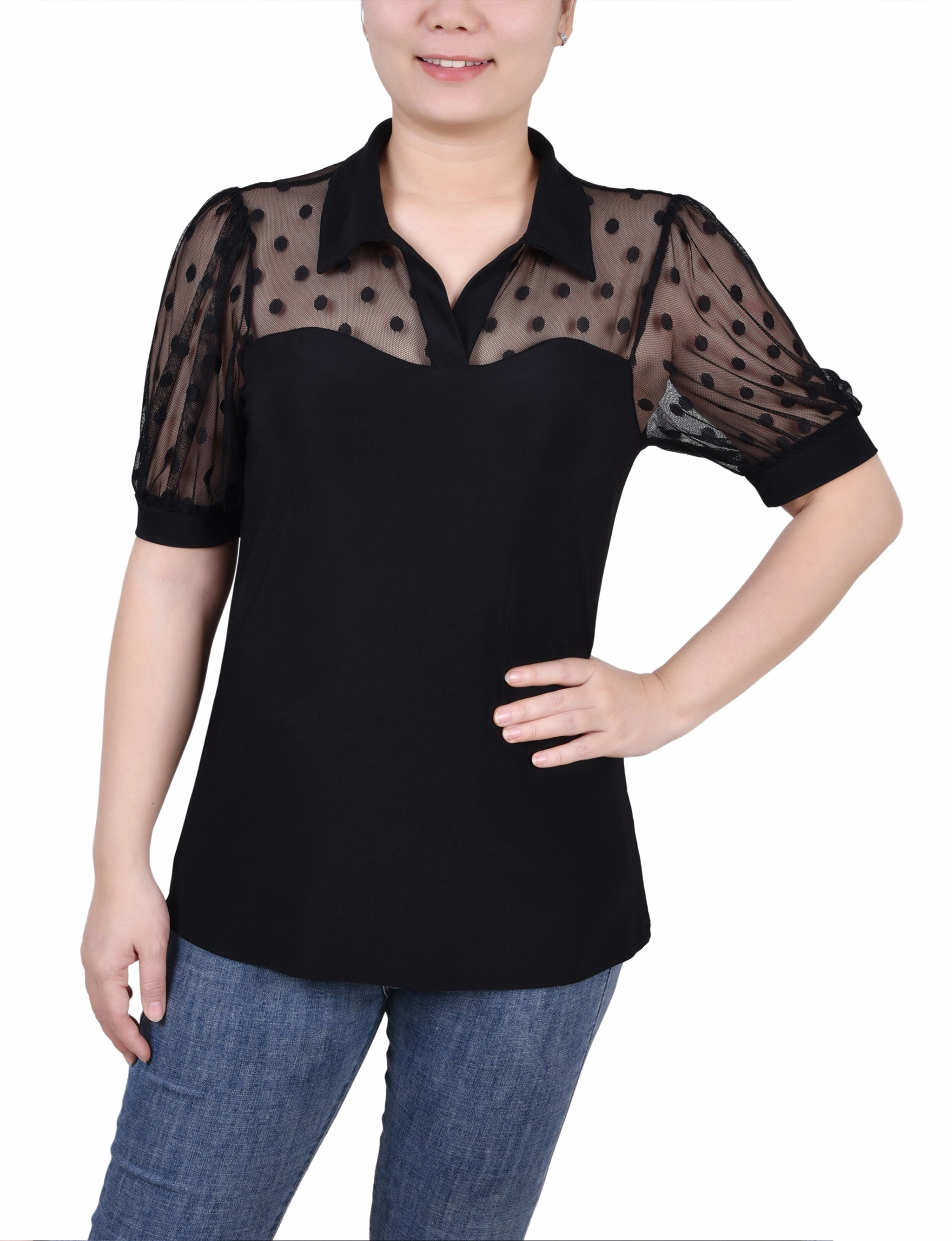 Multi Layer Weaving Petite Short Sleeve Top With Dotted Mesh