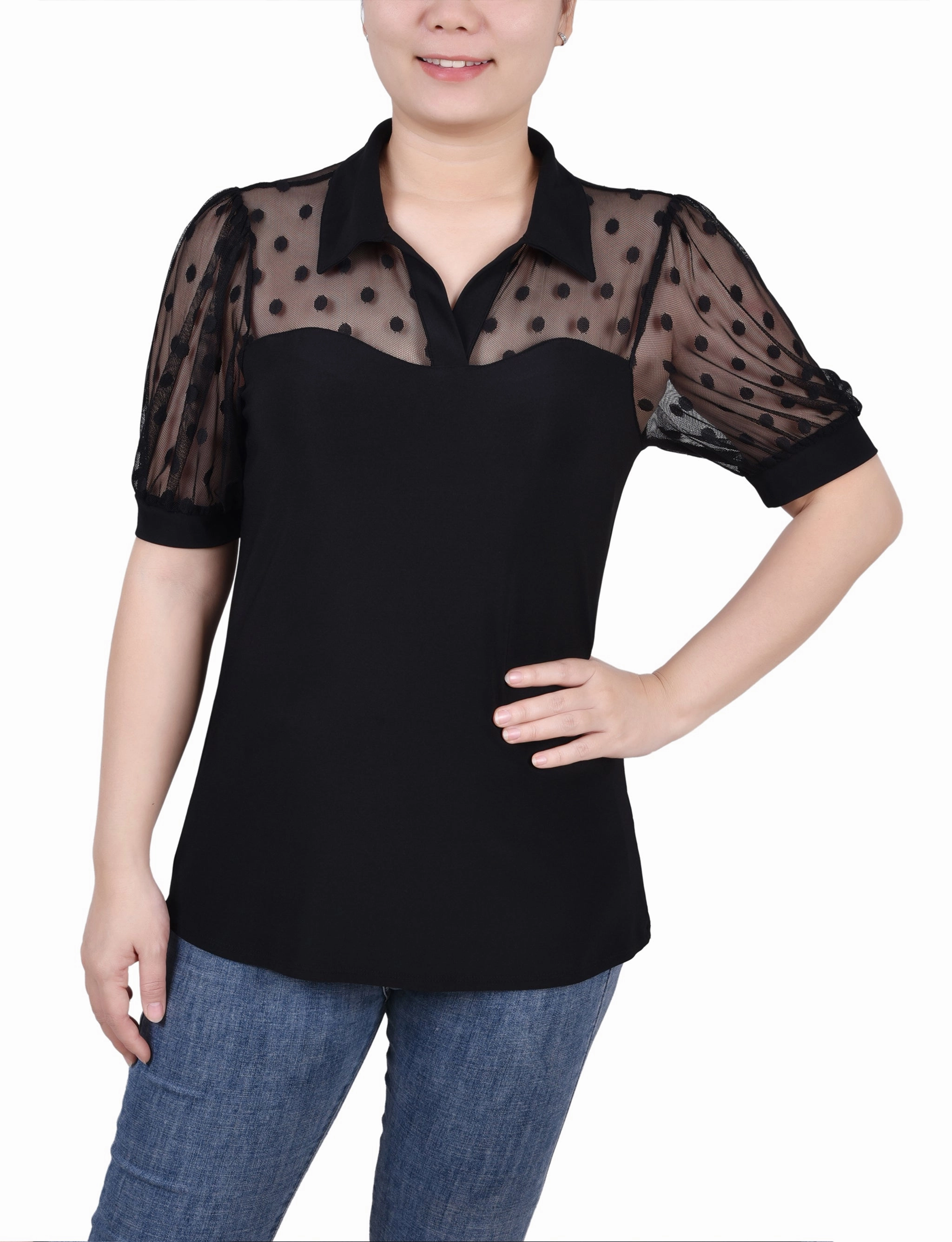 Petite Short Sleeve Top With Dotted Mesh Modern Trend