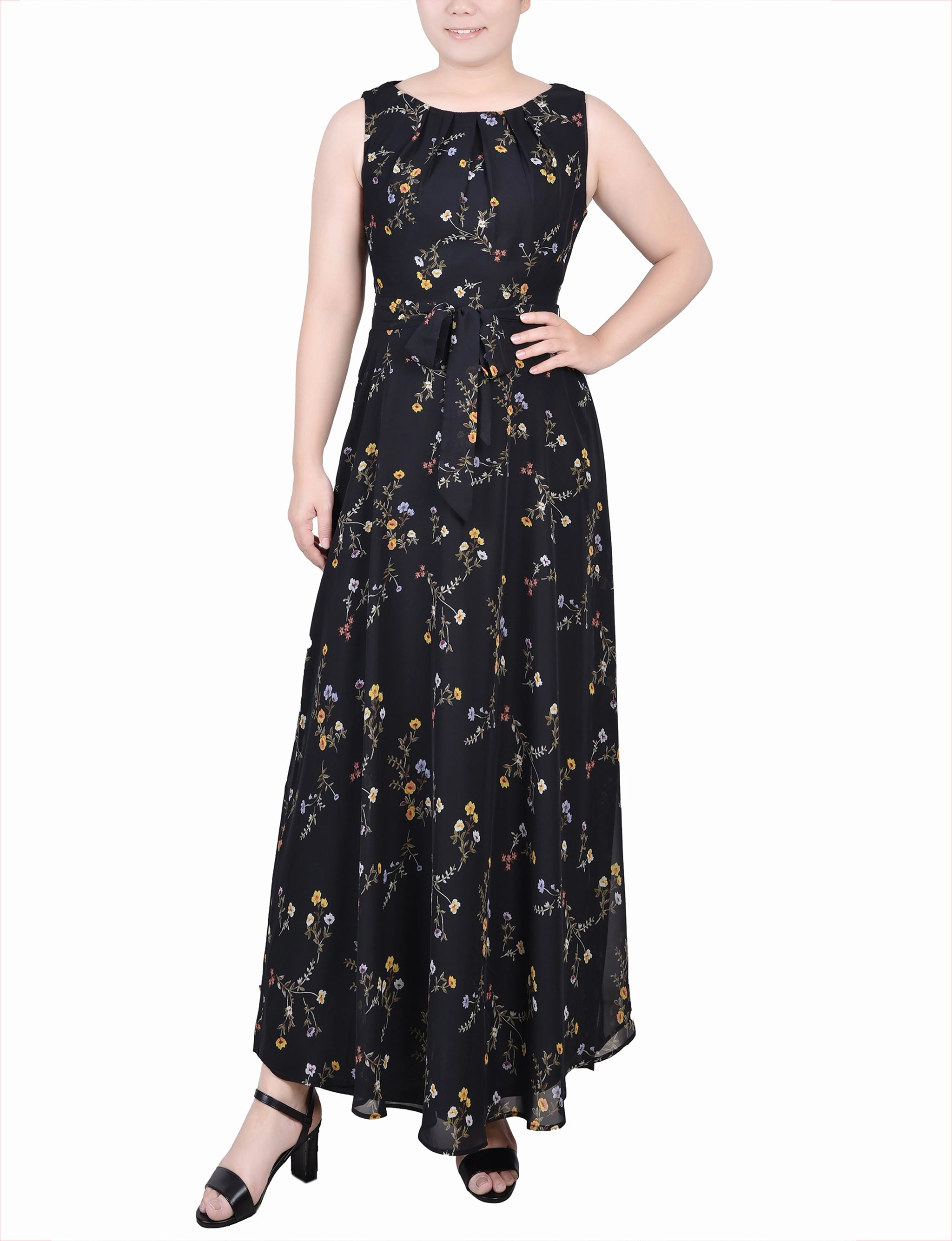 Confident Mood Classic Motion Petite Sleeveless Belted Chiffon Maxi Dress