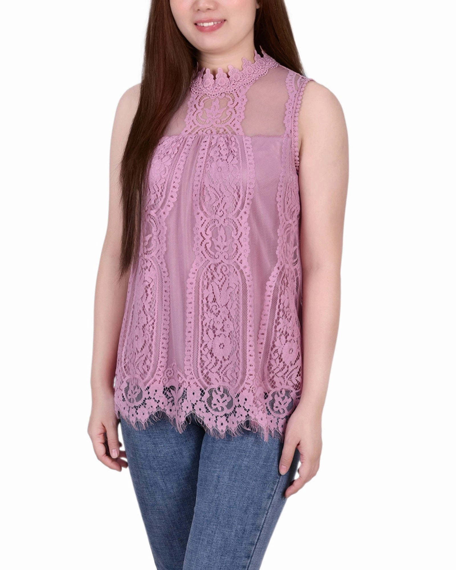 Petite Sleeveless Mock Neck Lace Top Street Layer DoubleLayered Edging