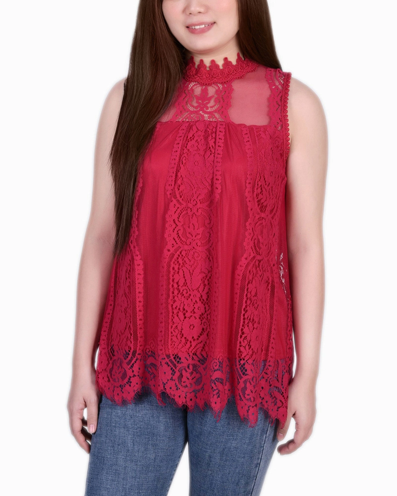 Anti Static Finish Petite Sleeveless Mock Neck Lace Top