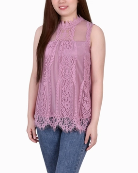 Lightweight Material Petite Sleeveless Mock Neck Lace Top