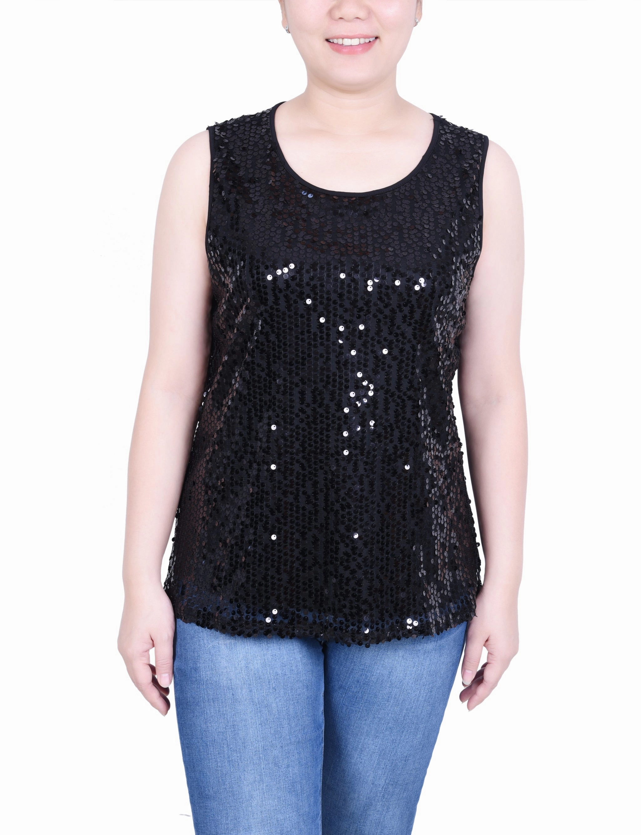 Petite Sleeveless Sequined Tank Top With Combo Banding Pure Shape