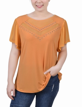 Petite Studded Short Flutter Sleeve Top With Mesh Details Odor Control Technology Stay Cozy