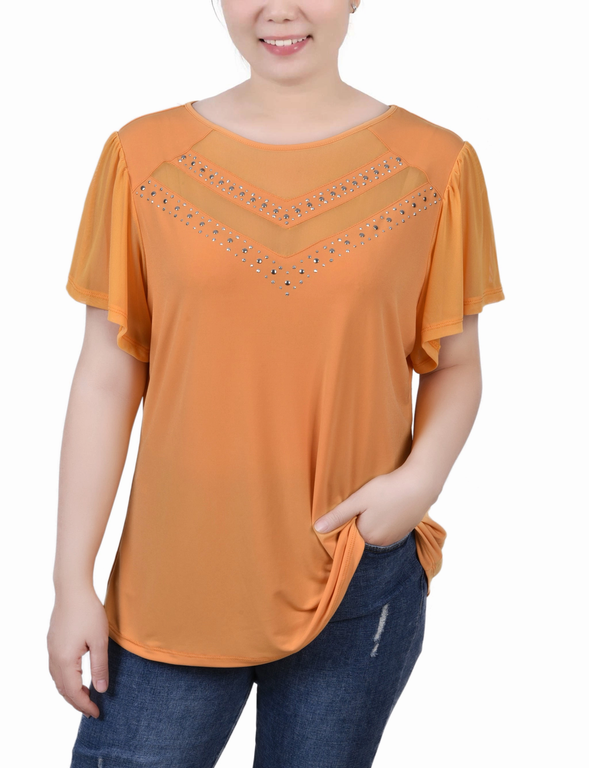 Layered Look Petite Studded Short Flutter Sleeve Top With Mesh Details