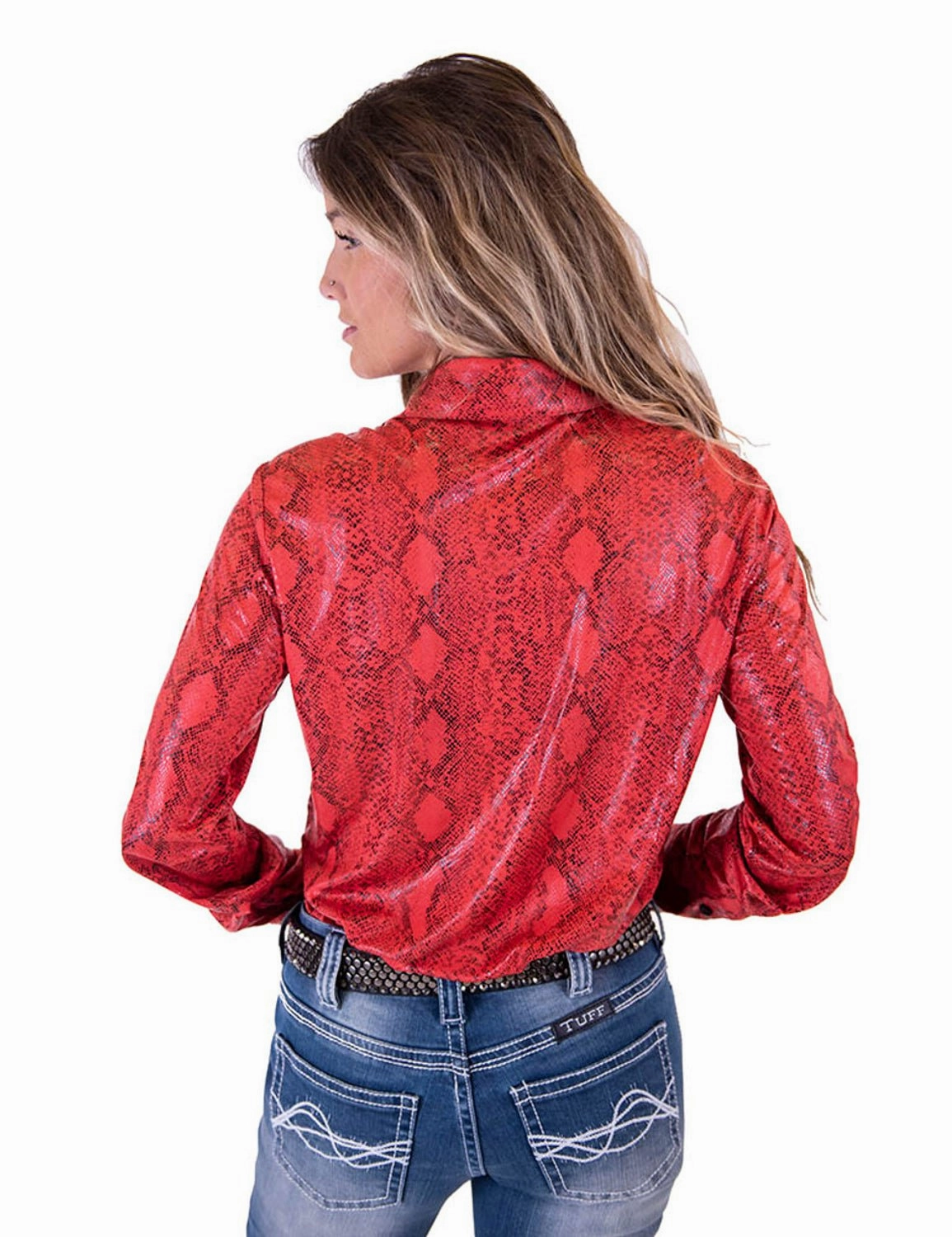 Cowgirl Tuff Womens Snakeskin Pullover Red Polyester L/S Shirt Premium Quality