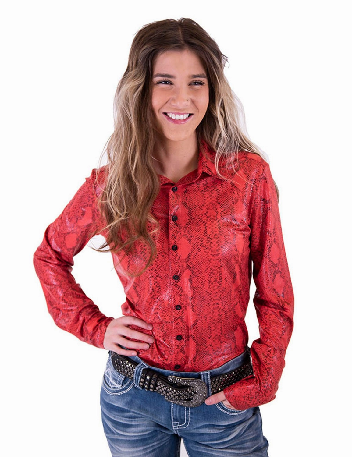 UV Protective Coating Cowgirl Tuff Womens Snakeskin Pullover Red Polyester L/S Shirt