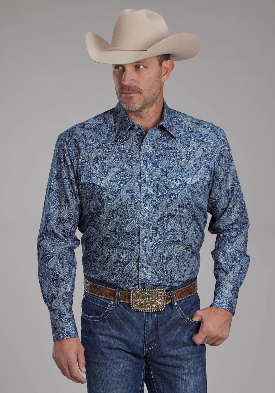 Roper Mens River Paisley Blue 100% Cotton L/S Shirt Lightweight Material Loose Fit