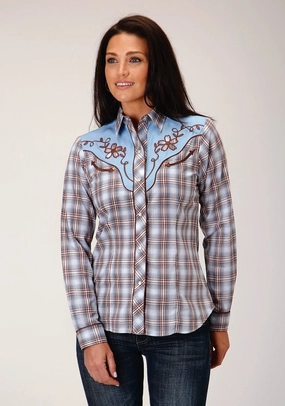 Laser Cut Edge Detail Roper Womens Fancy Applique Chocolate Blue Cotton Blend L/S Shirt