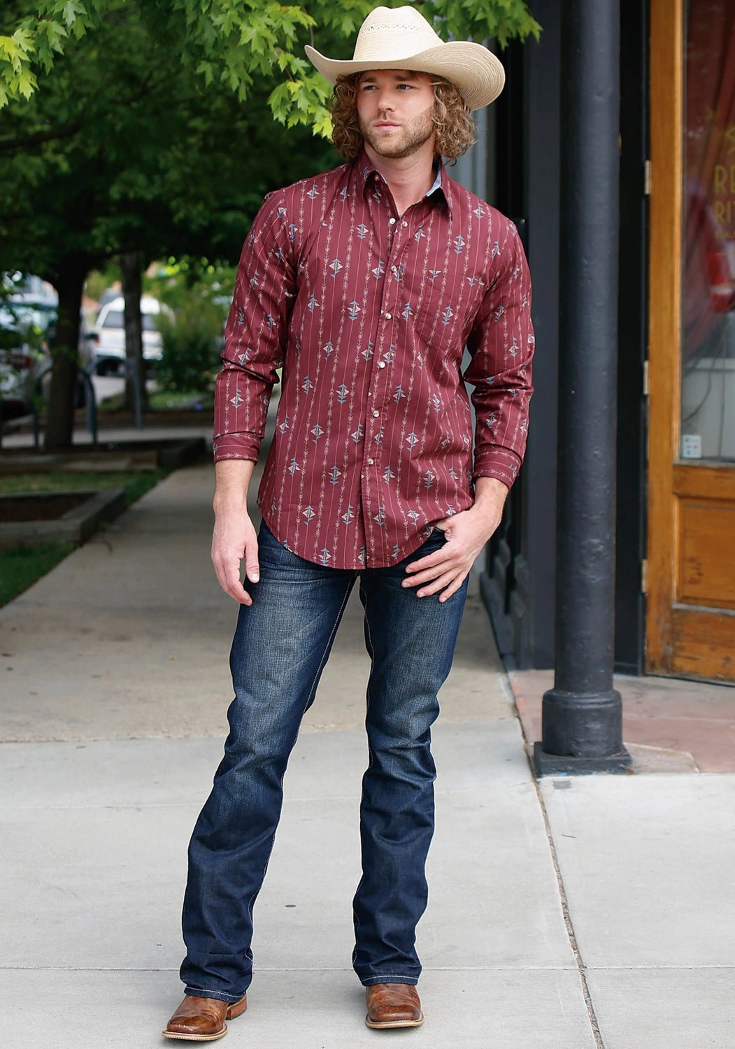 Anti Cling Fabric Tin Haul Mens Arrow Aztec Stripe Wine 100% Cotton L/S Shirt