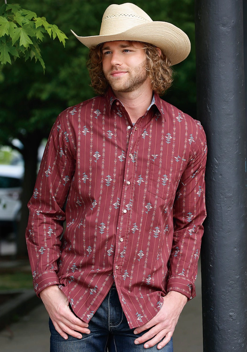 Tin Haul Mens Arrow Aztec Stripe Wine 100% Cotton L/S Shirt Polished Style