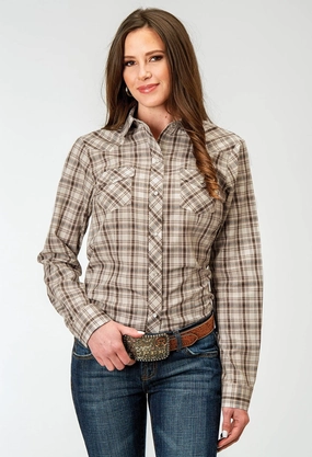 Tall friendly Timeless Piece Roper Womens 1968 Desert Plaid Brown Cotton Blend L/S Shirt