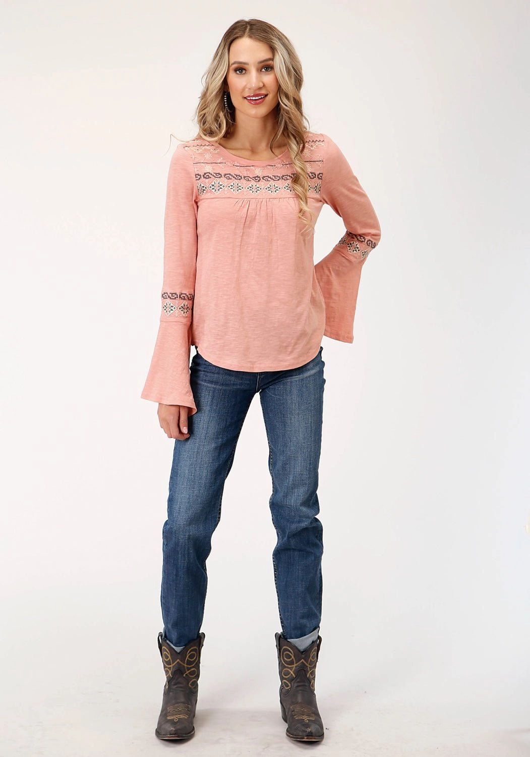 Multi Functional Pockets Roper Womens Peasant Knit Light Pink 100% Cotton L/S Tunic