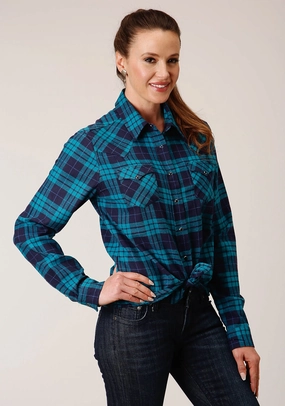 Roper Womens Unlined Flannel Blue/Turquoise 100% Cotton L/S Shirt Autumn Look Unique Design