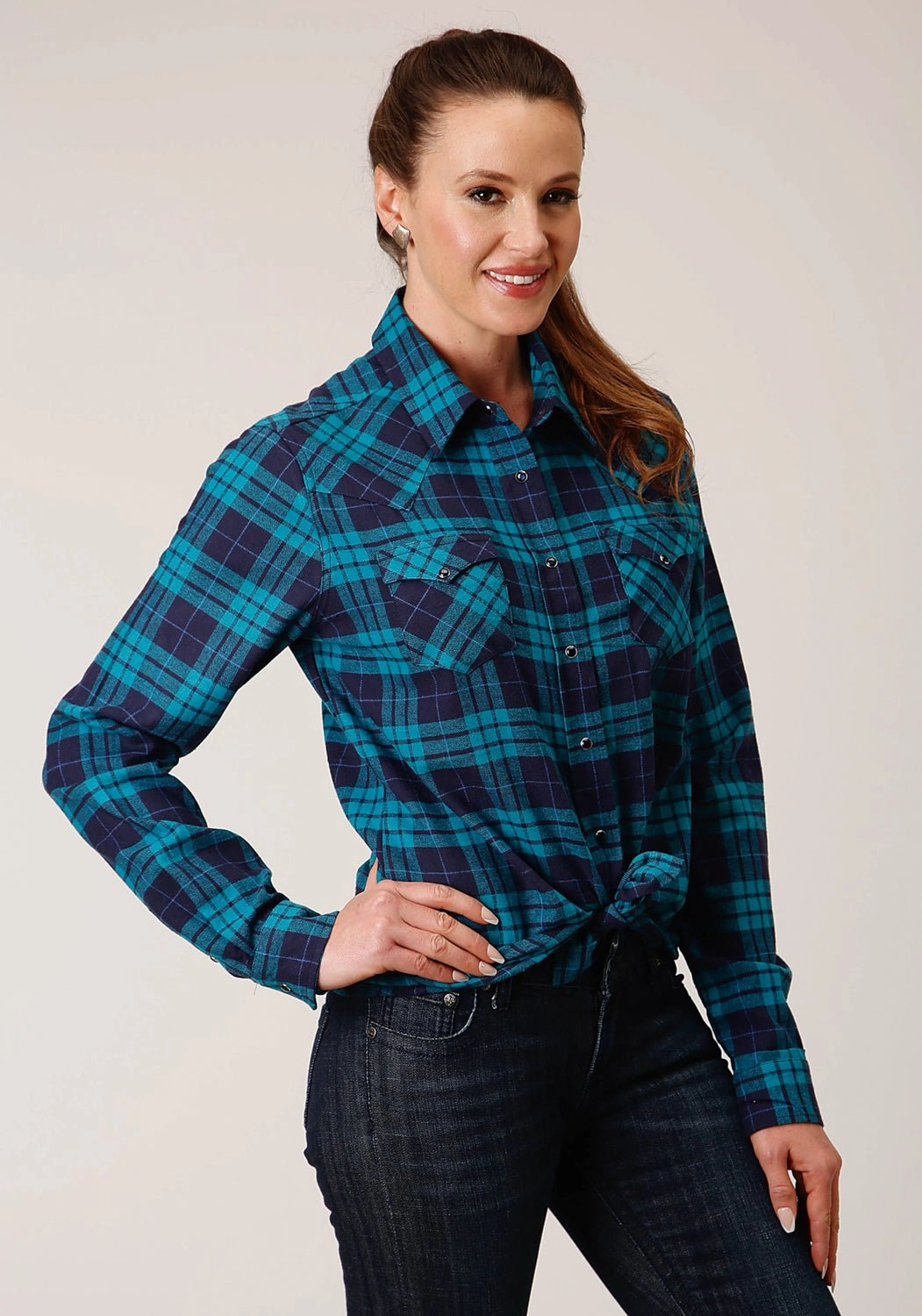 Roper Womens Unlined Flannel Blue/Turquoise 100% Cotton L/S Shirt Autumn Look Unique Design