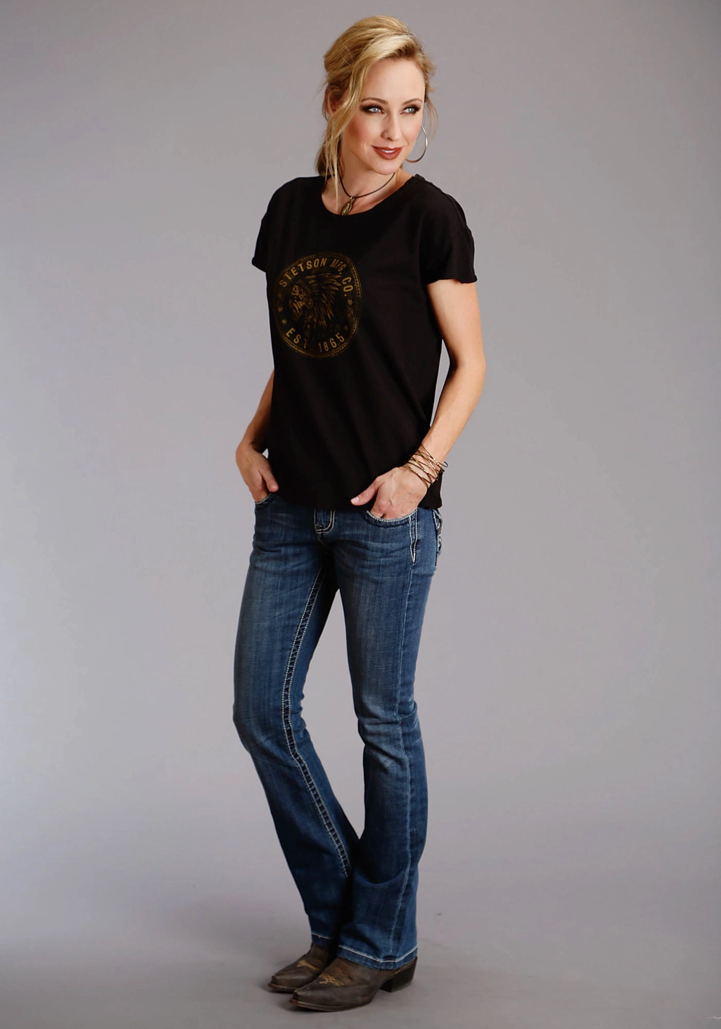 Lounge Comfort Stetson Womens Indian Head Coin Black 100% Cotton S/S T-Shirt