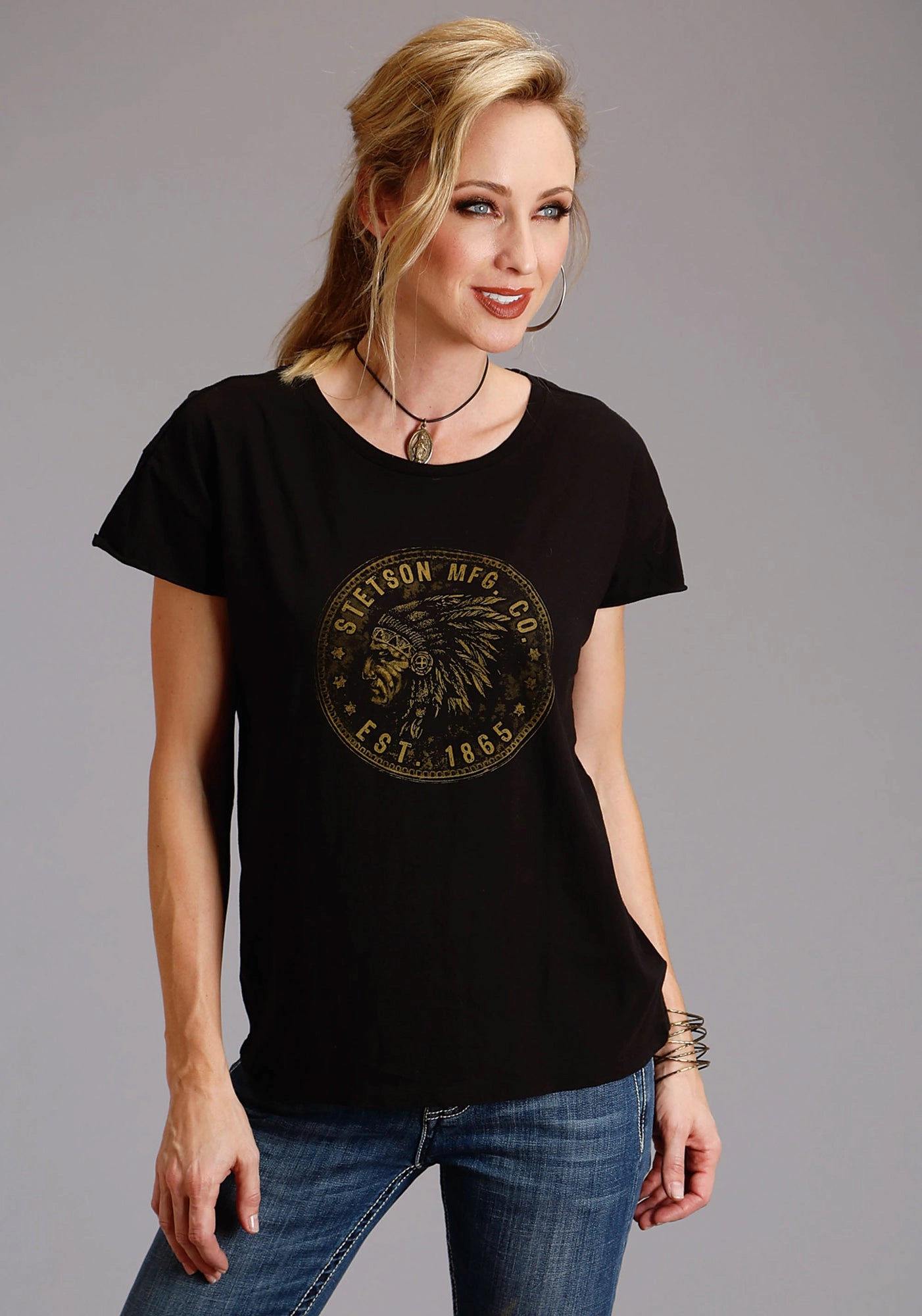 Stetson Womens Indian Head Coin Black 100% Cotton S/S T-Shirt Minimalist Aesthetic Trendy Vibes