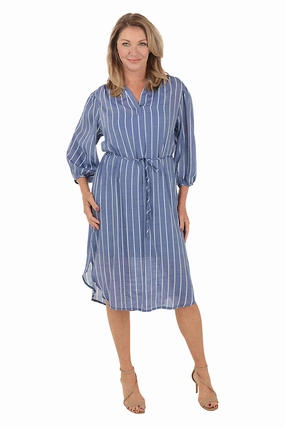 Silky Silhouette Classic Flow Pinstripe Belted Dress