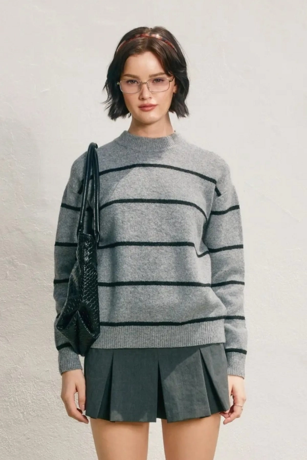 Eva Crewneck Striped Sweater - Grey & Black Hygroscopic Fiber Blend