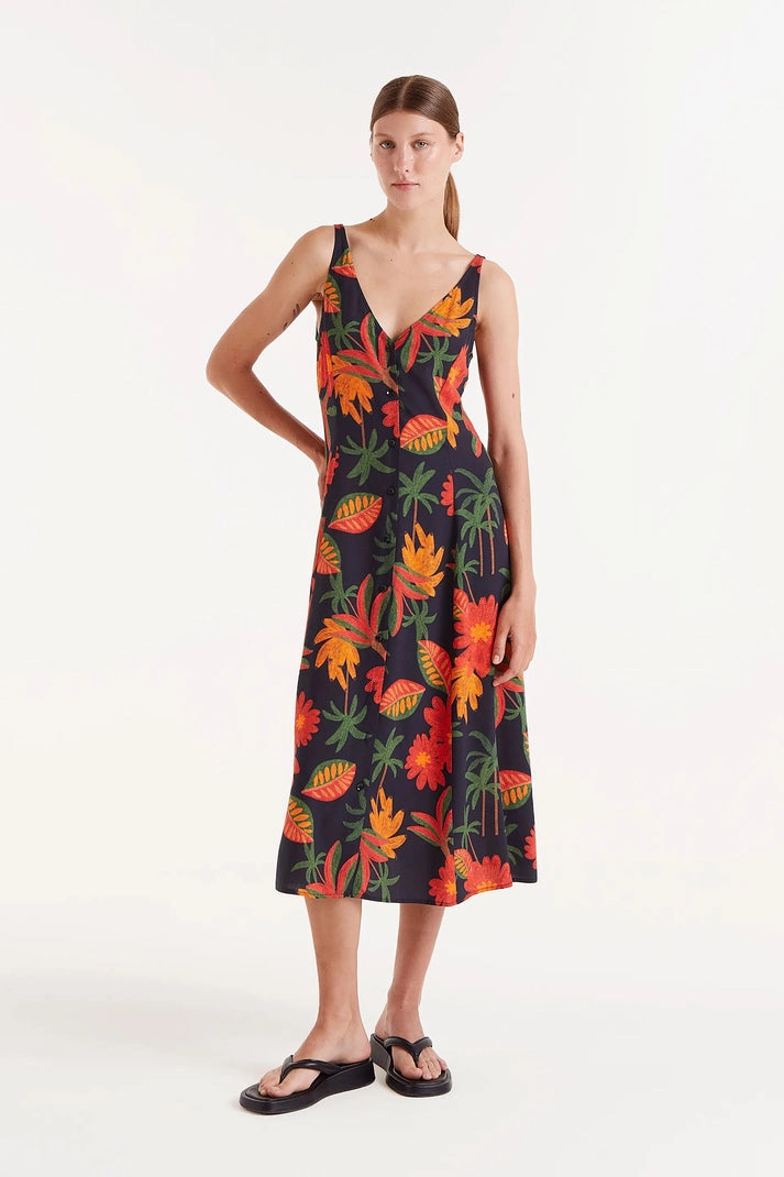 Famora Print Midi Dress in Black Weekend Feel Zip Closure