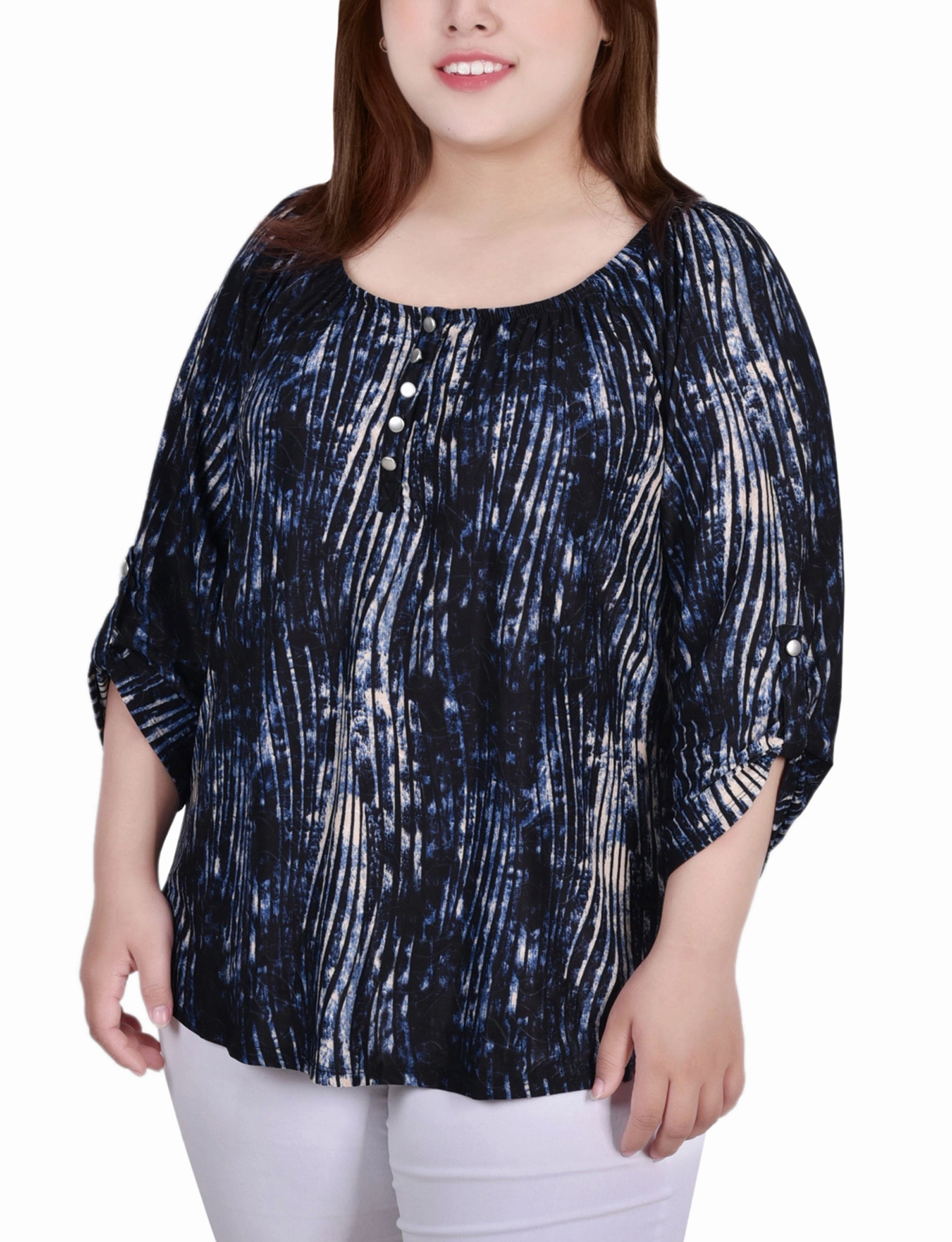 Plus Size 3/4 Push Tab Round Neck Top Urban Casual Work Look