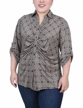 Plus Size 3/4 Roll Tab Rouched-Front Top NoiseFreeFabric