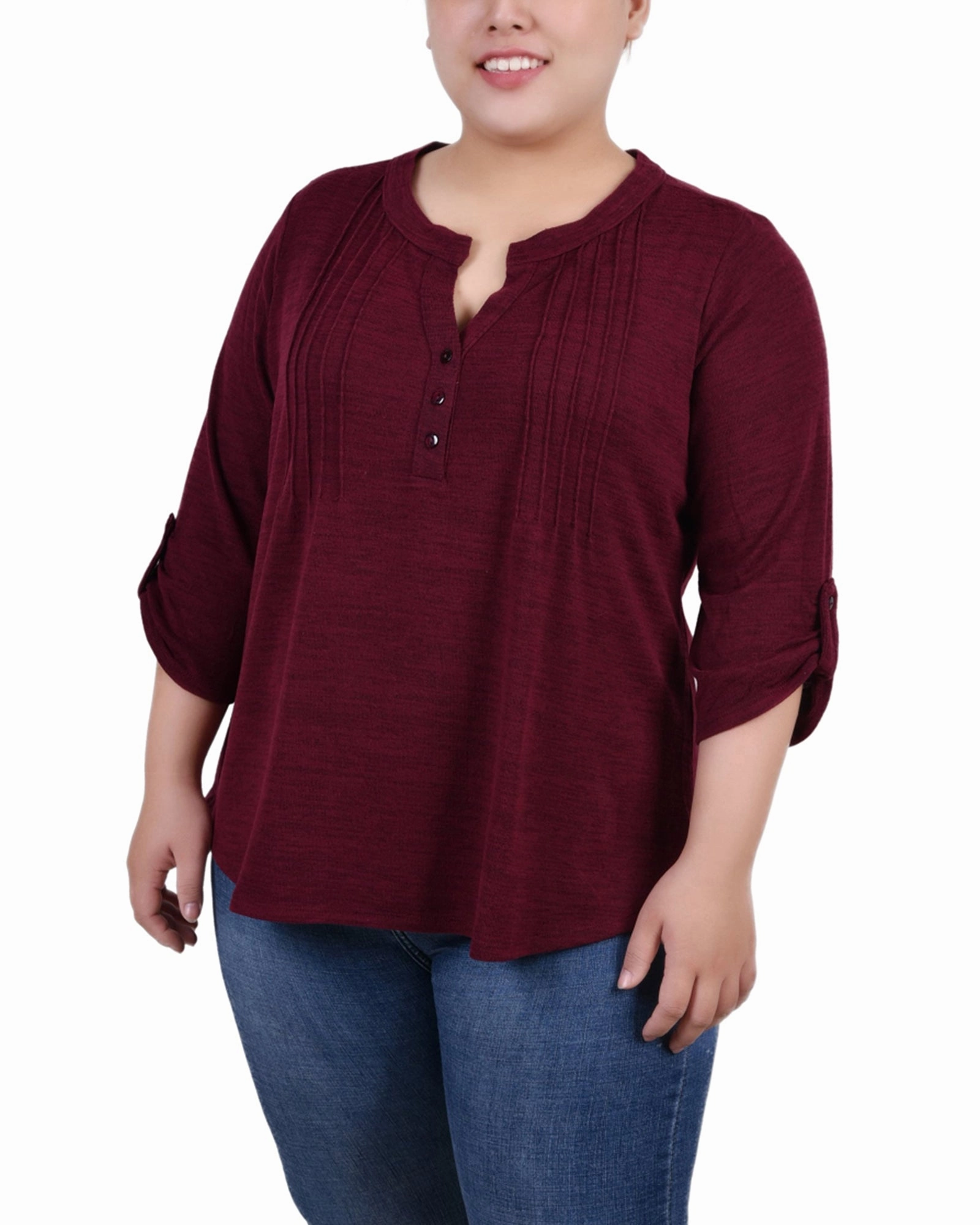 Plus Size 3/4 Roll Tab Sleeve Y Neck Top Sheer Overlay
