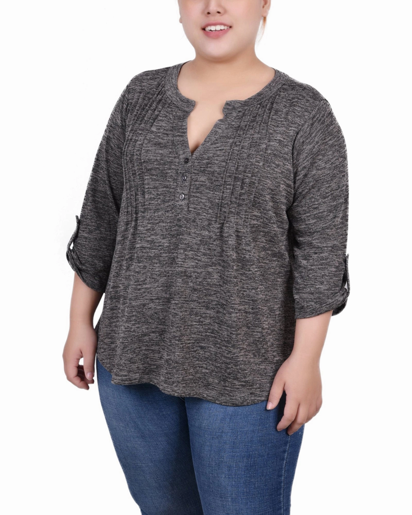 Light Appeal Plus Size 3/4 Roll Tab Sleeve Y Neck Top