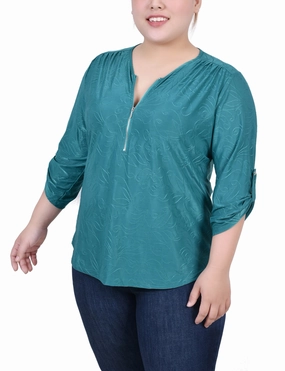 Plus Size 3/4 Roll Tab Zip Front Jacquard Knit Top Soft Finish Pure Elegance