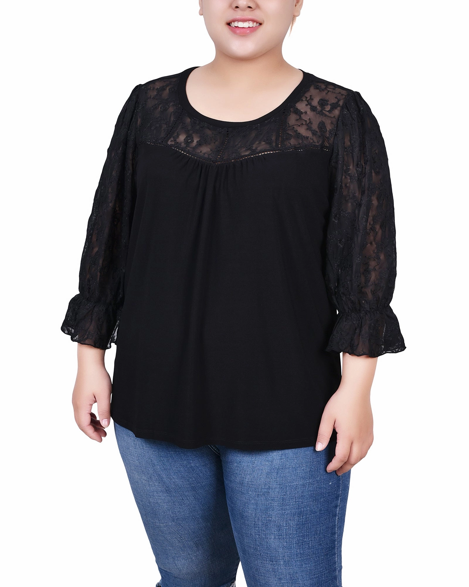 Plus Size 3/4 Sleeve Crepe Top With Embroidered Mesh Yoke And Sleeves Fashion Look Warm Palette