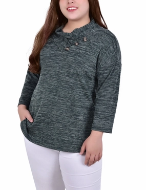 Plus Size 3/4 Sleeve Crossover Cowl Neck Top Smart Blend