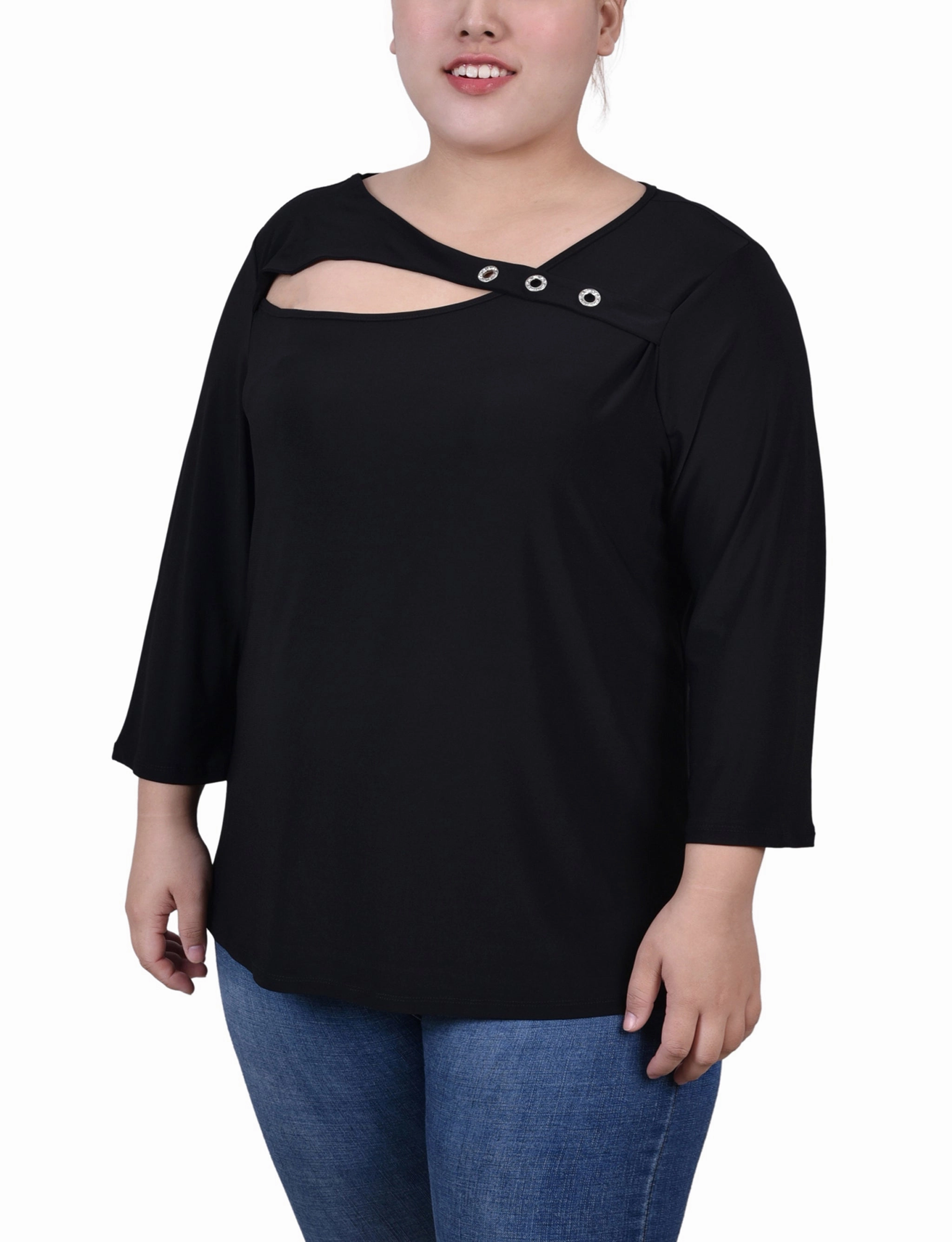 Plus Size 3/4 Sleeve Cutout Top Elegant Fabric Natural Tones