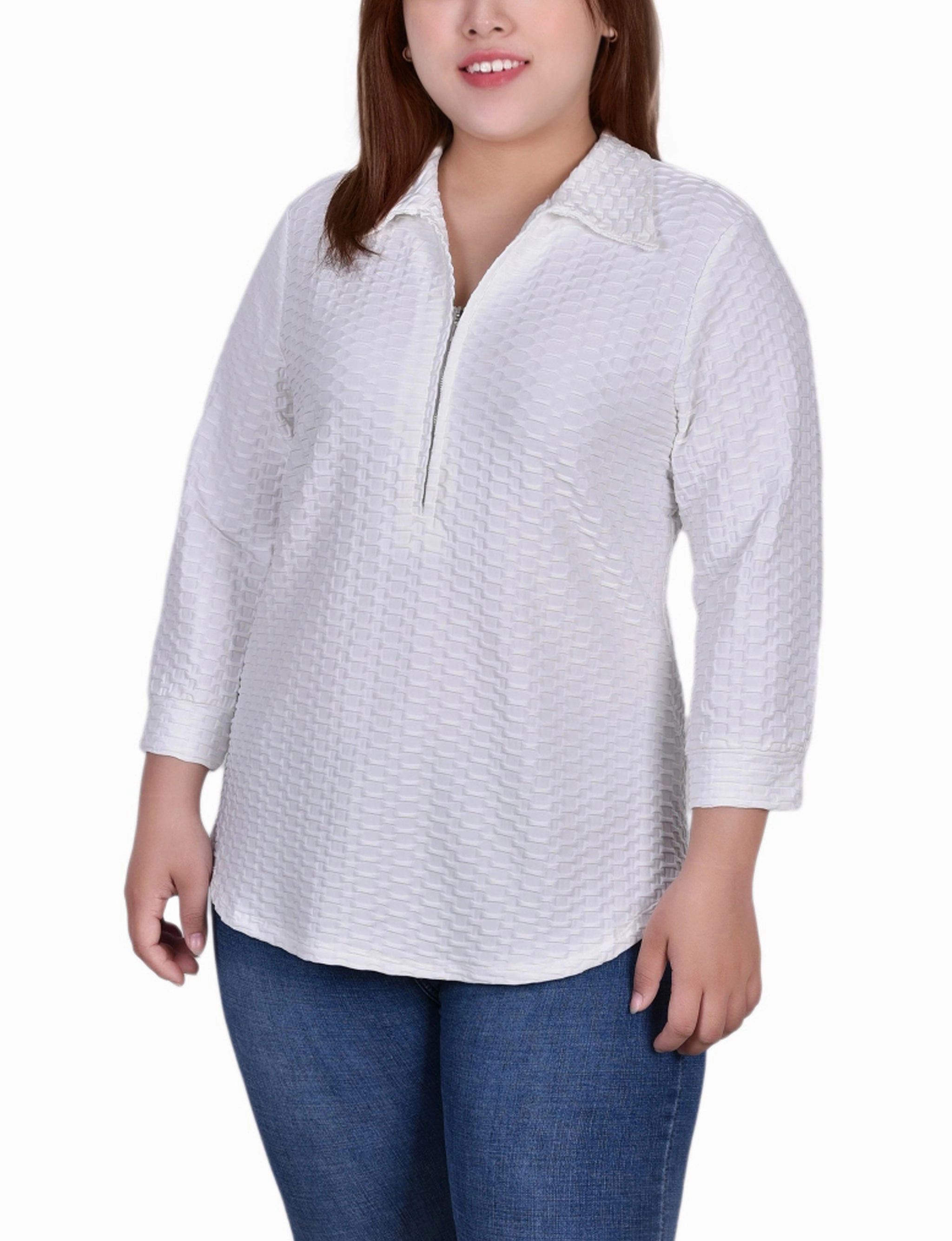 Street Edge Plus Size 3/4 Sleeve Honeycomb Half Zip Collared Top