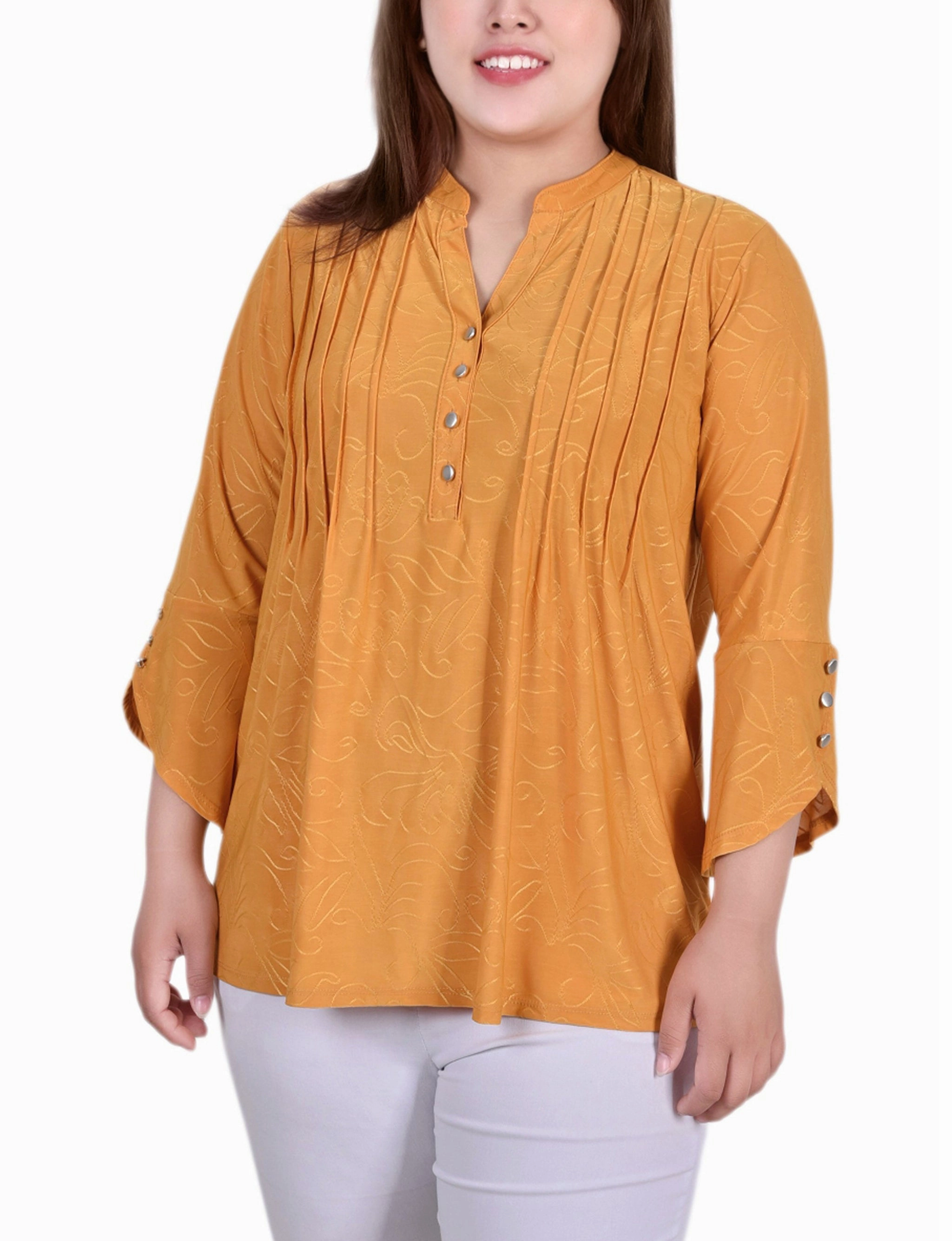 Sweetheart-Neck Plus Size 3/4 Sleeve Overlapped Bell Sleeve Y Neck Top