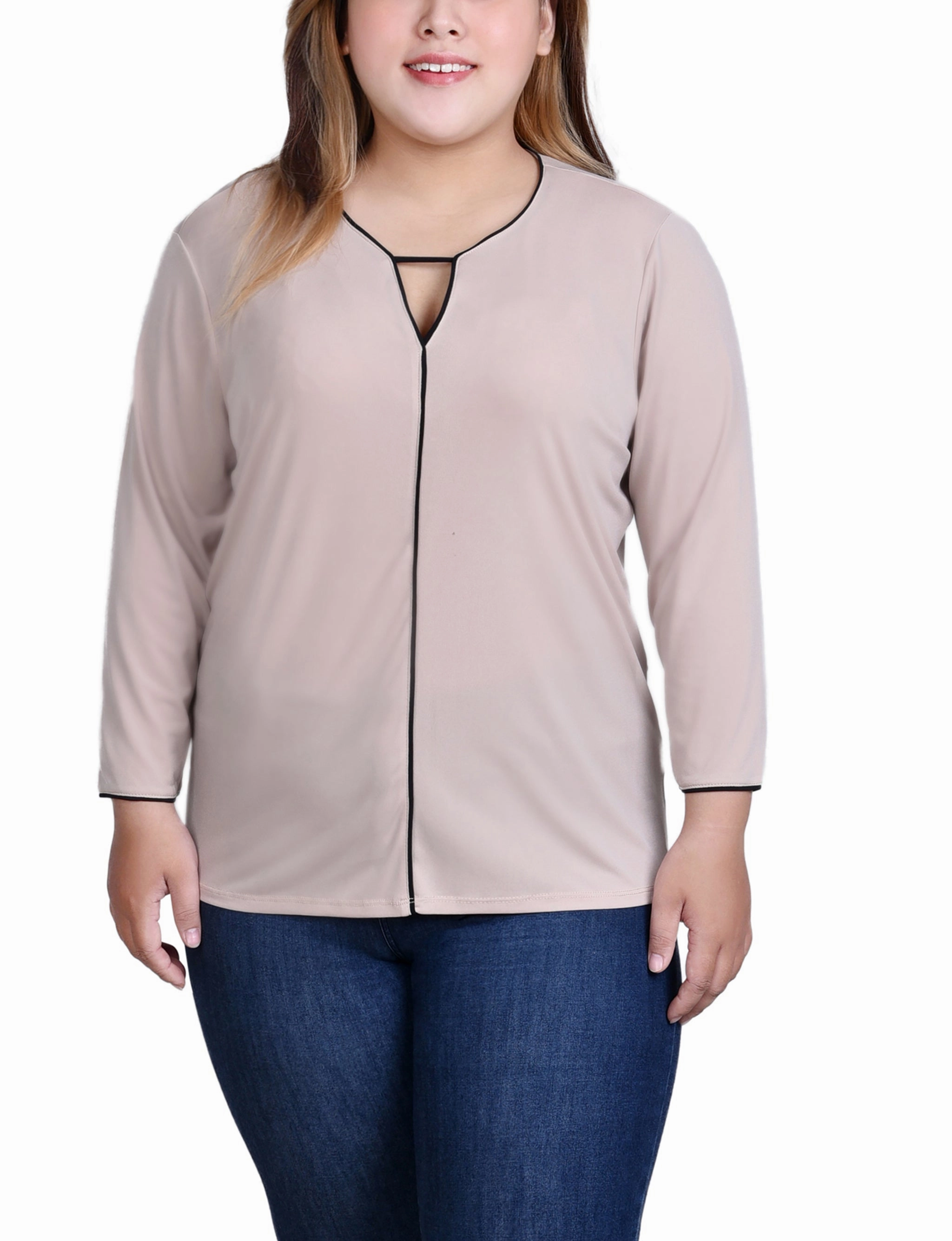 Relaxing Style Plus Size 3/4 Sleeve Piped Top