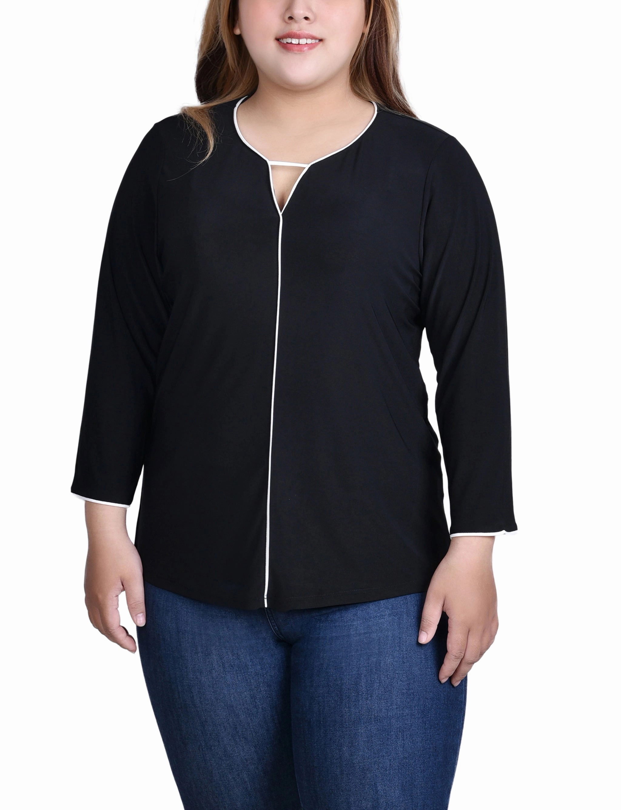 Sleek Look Comfy Layers Plus Size 3/4 Sleeve Piped Top