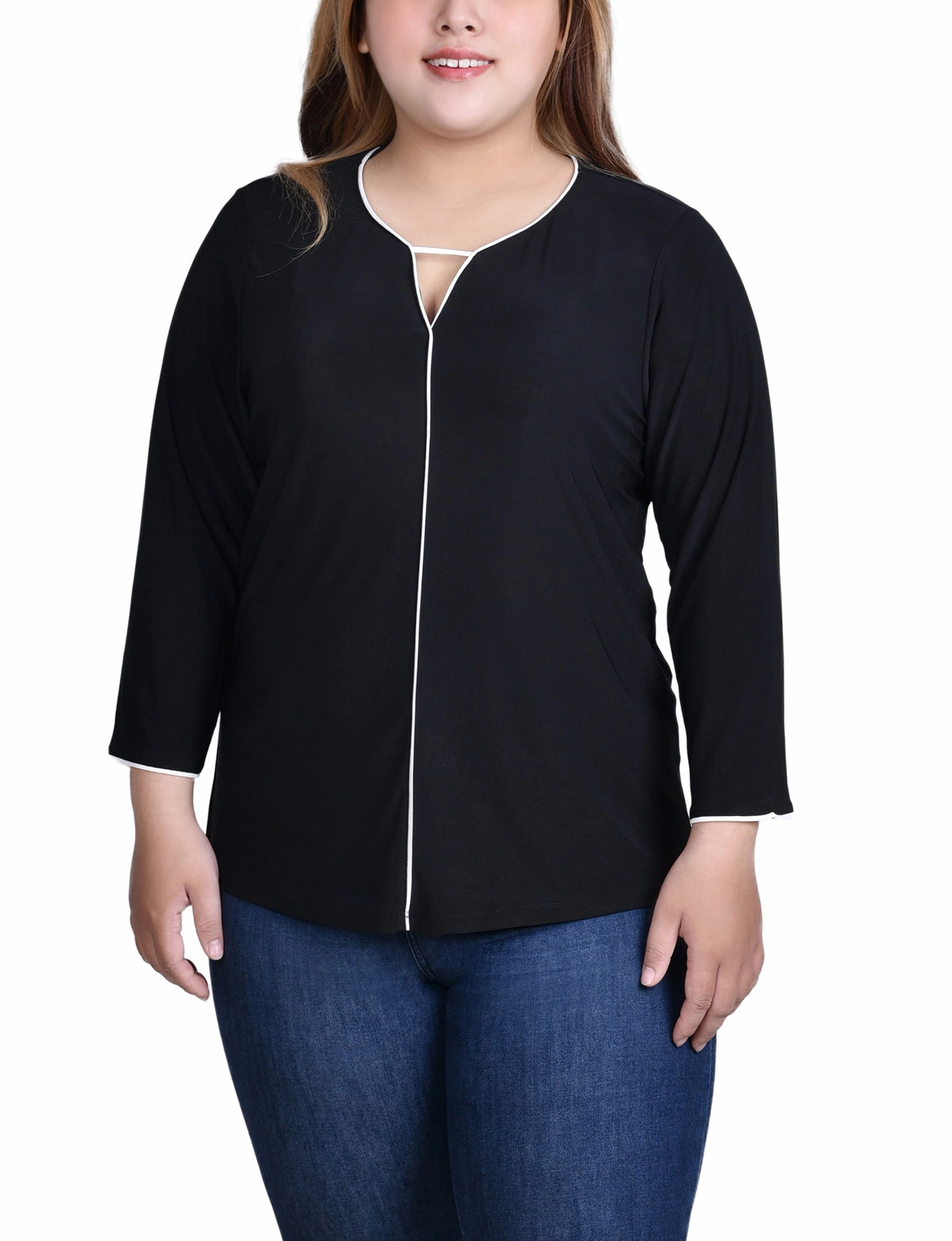 Casual Elegance Plus Size 3/4 Sleeve Piped Top