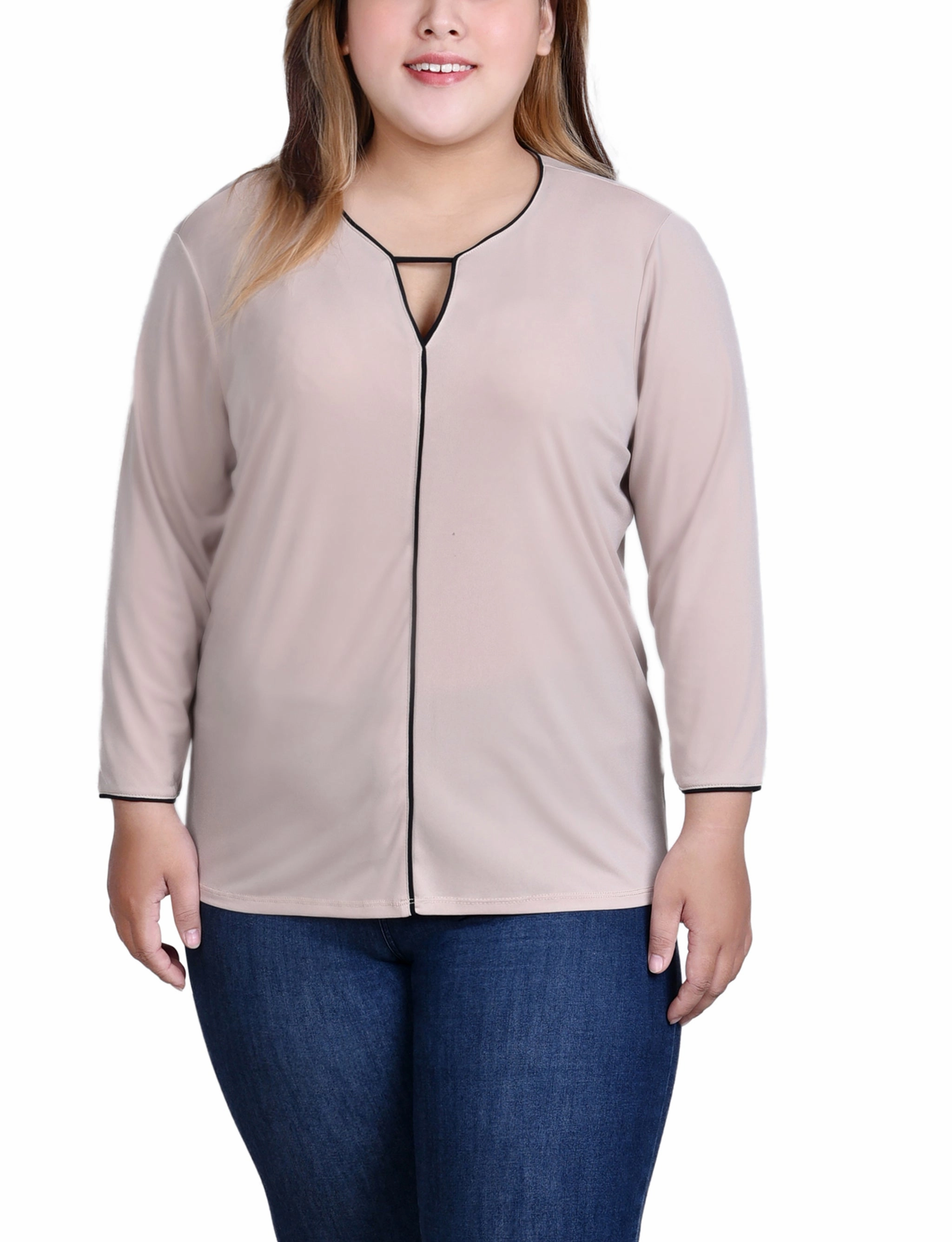 Plus Size 3/4 Sleeve Piped Top Flowing Design Care-Instructions-Included