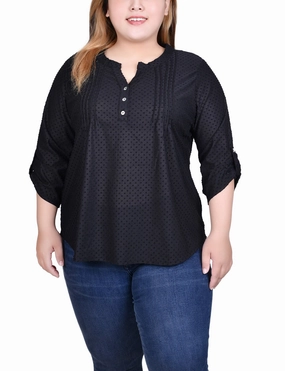 Event Favorite Casual Essential Plus Size 3/4 Sleeve Roll Tab Y Neck Top