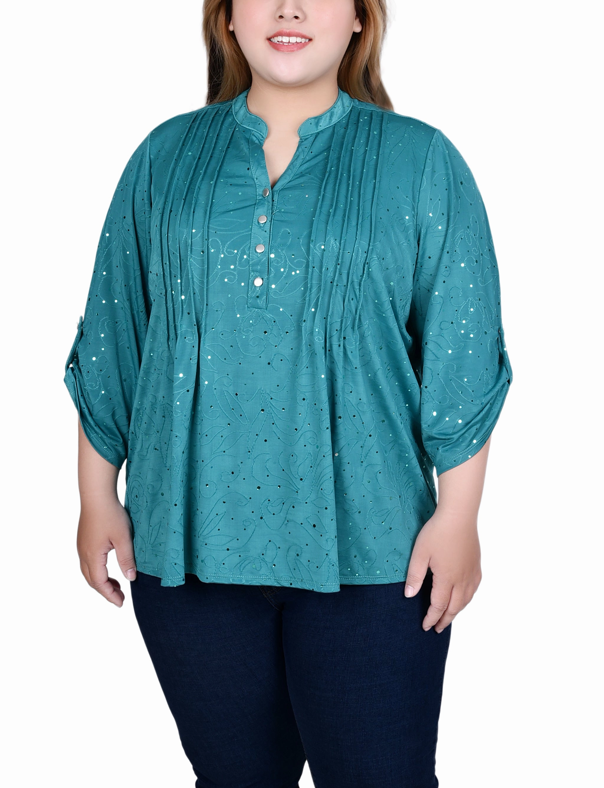 Plus Size 3/4 Sleeve Roll Tab Y Neck Top AntiStaticMaterial Date night