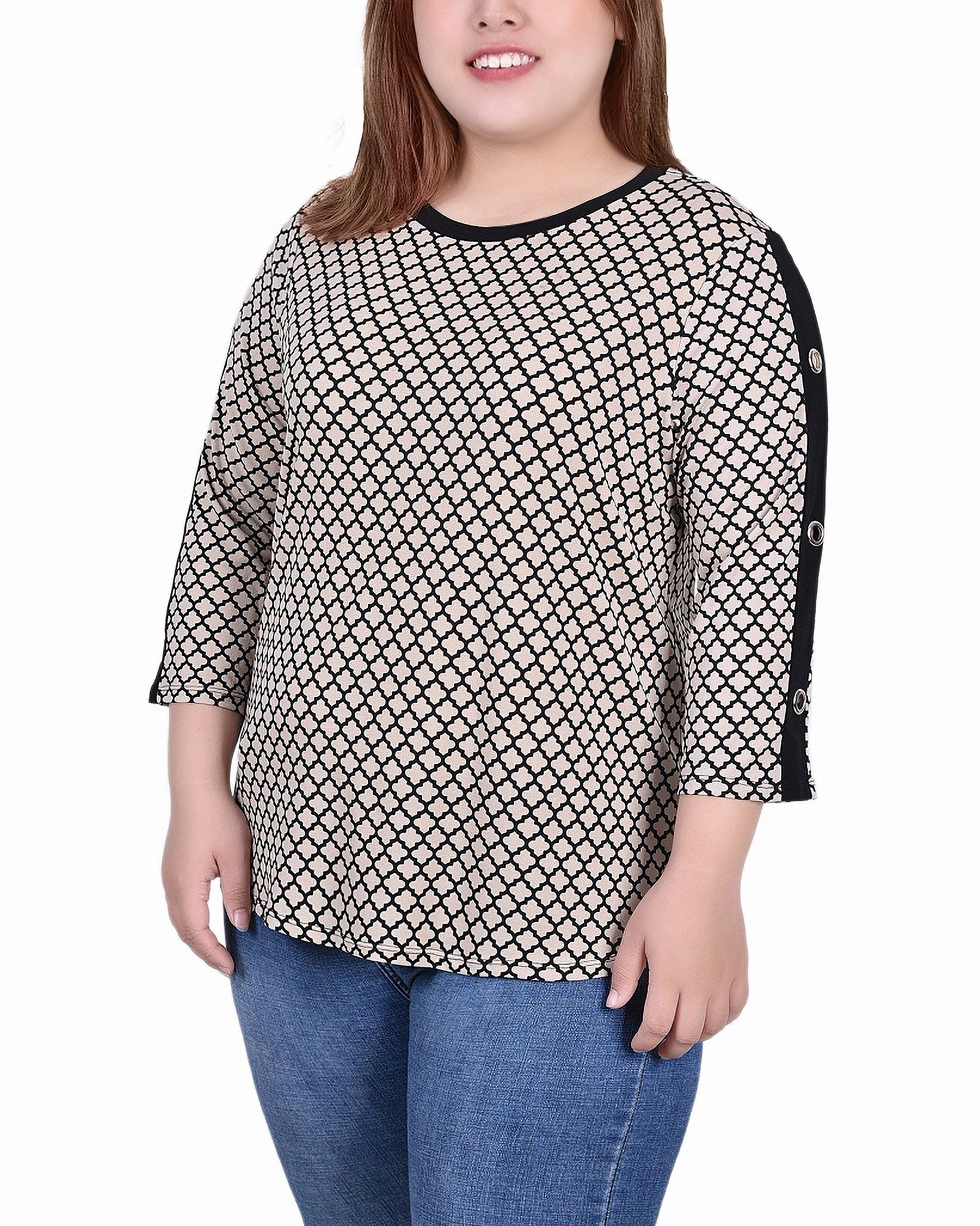 Effortless Piece Plus Size 3/4 Sleeve Top With Combo Bands and Grommets
