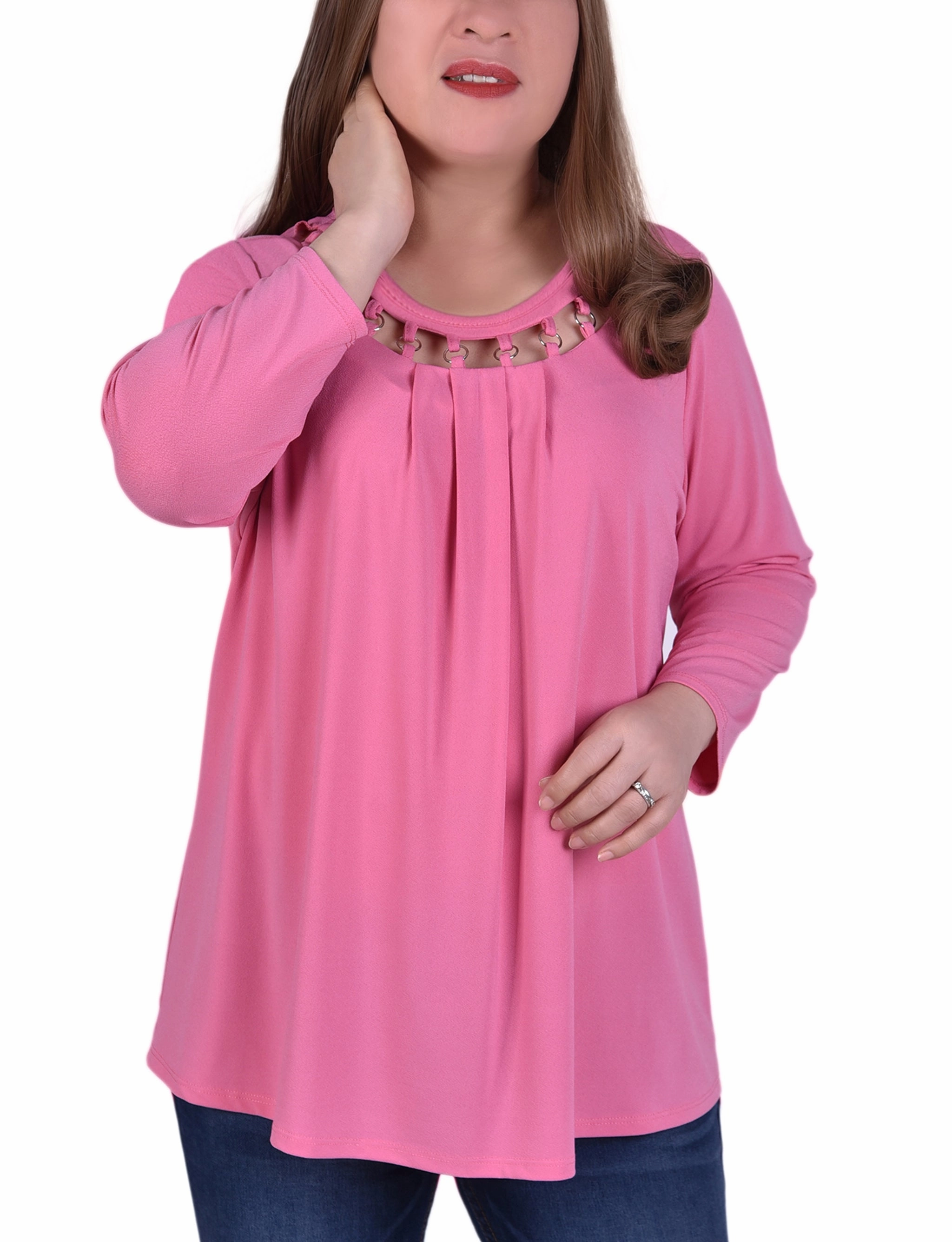 Classic Wardrobe Piece Plus Size 3/4 Sleeve Top With Cutout Ringed Neckline