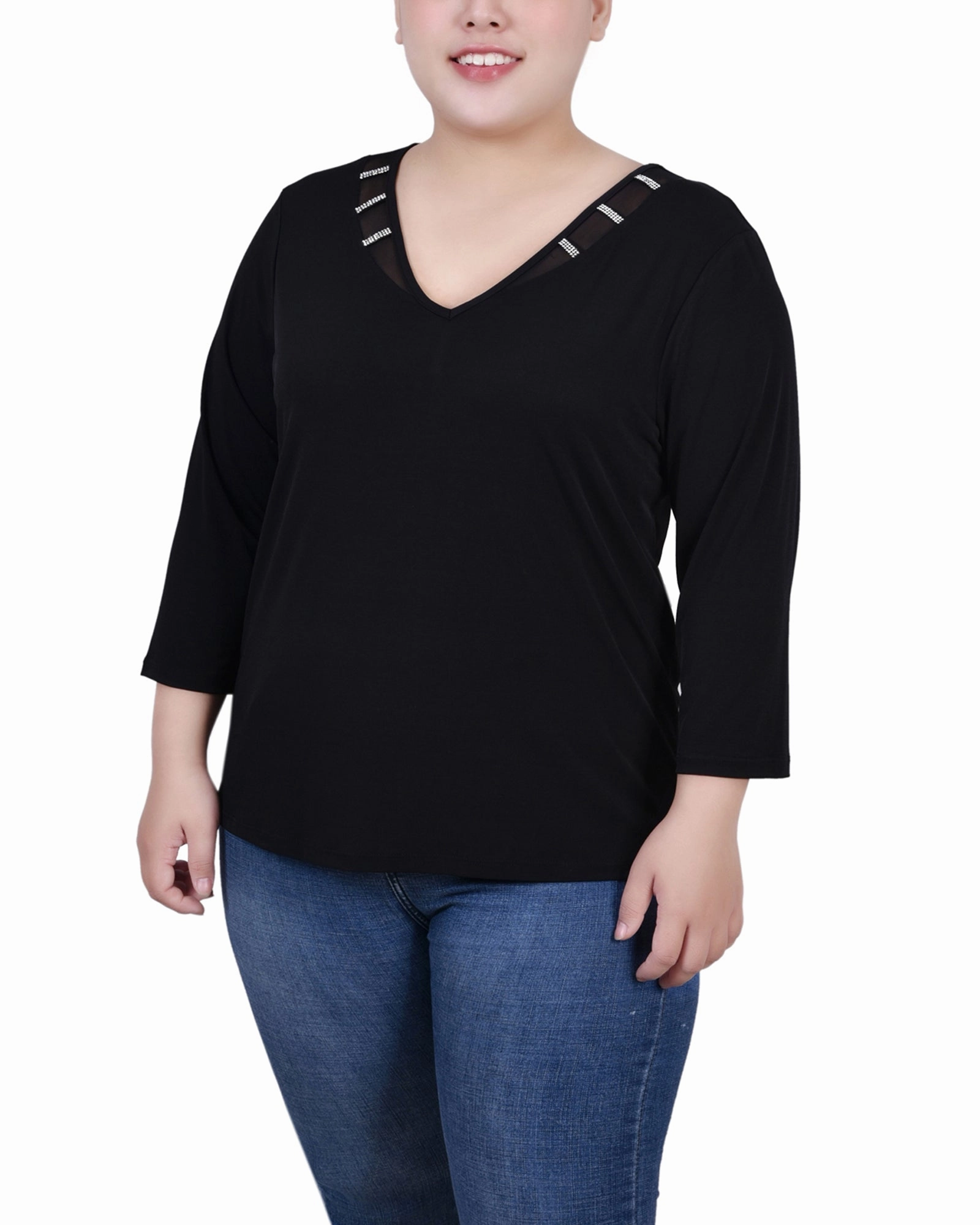 Jewel Accent Relax Comfort Plus Size 3/4 Sleeve Top With Illusion Neckline and Stones