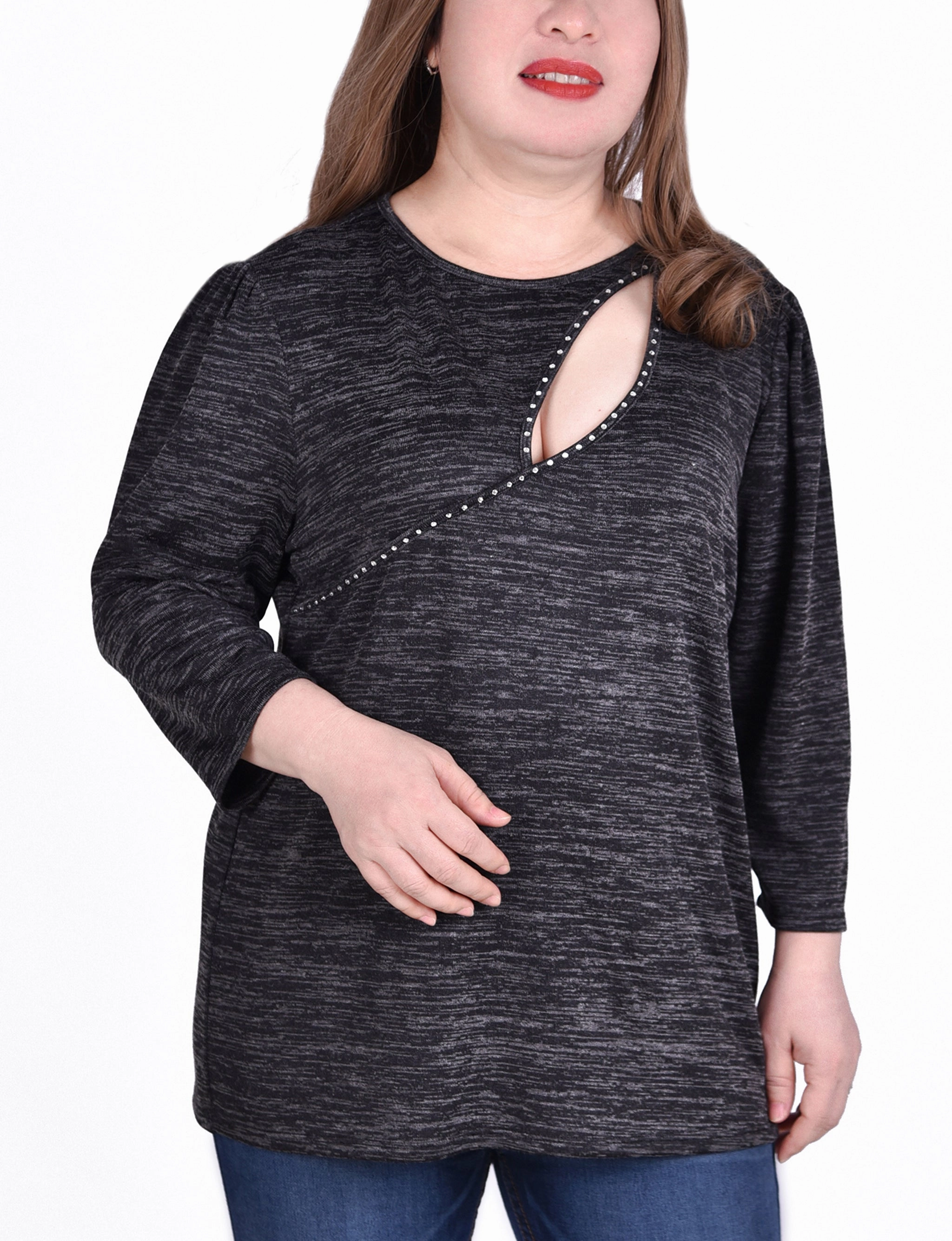 Plus Size 3/4 Sleeve Tunic Top With Front Cutout Water-resistant monochrome