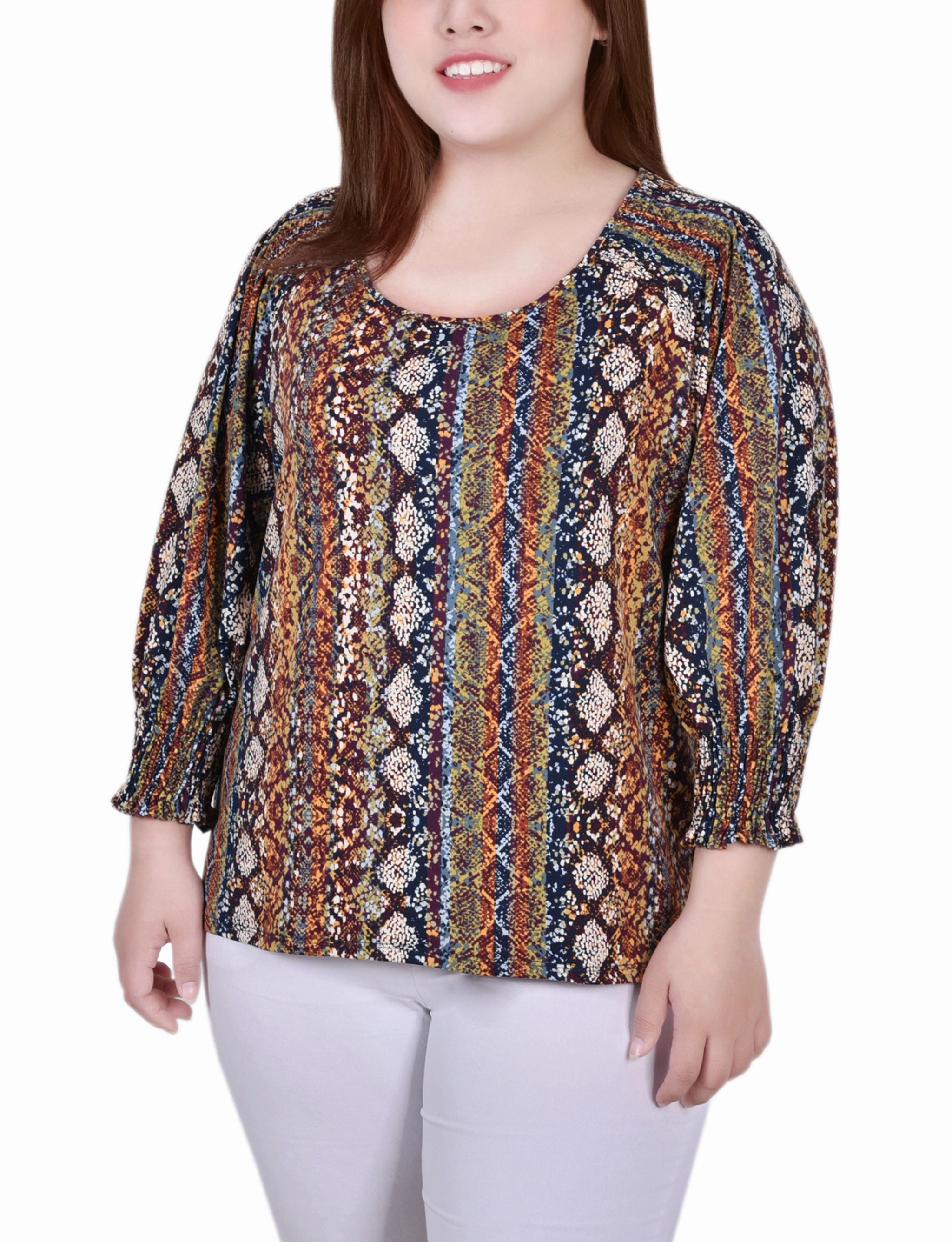 Plus Size 3/4 Smocked Detail Top Kimono-Sleeve